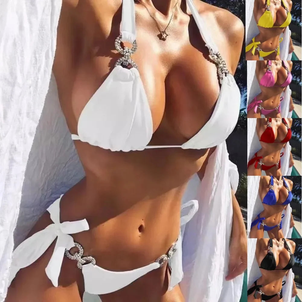 Sexy Bikini Swimsuit Pure Color Diamond Embedded Separate Design Swimming Costume Women's Fashionable Poolwear Beachwear