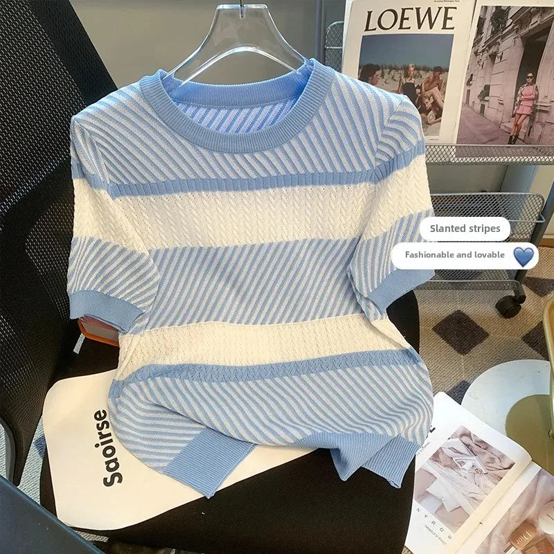 Summer New Round Neck Striped Ice Silk Knitted Shirt
