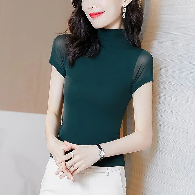 Slim Fit Short Sleeve T-Shirt Mesh Base Shirt Half High Collar Thin Style Women's Pure Color Slimming Top Summer New Arrival