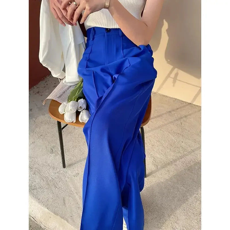 Blue High Waist Wide Leg Pants Women Summer Loose Casual High-End Feelings Trousers New 2025 Style Drapey Suiting Trousers