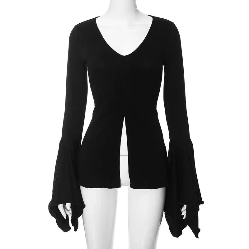 Slim Fit Long Sleeve T-Shirt with Flared Sleeves V-Neck Asymmetrical Design Pure Color Spring Fashion Casual Versatile Top