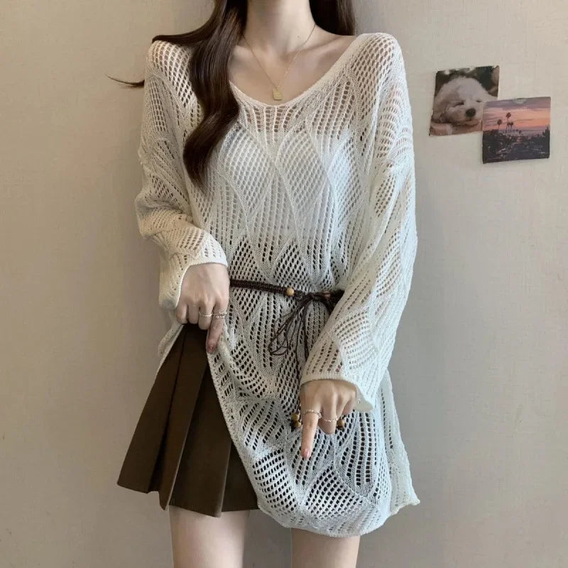 Plus Size Knitted Sweater with Belt Hollow out Design Fashionable Spring Summer Slimming Women's Top Full Sleeve round Neck