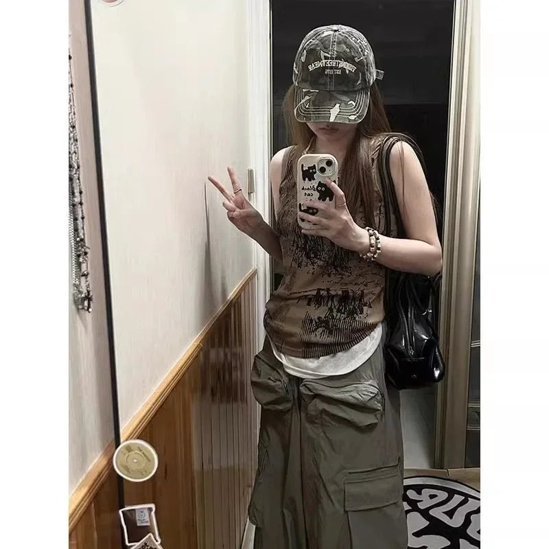 Khaki Color Strap Vest Women Summer American Retro Print Punk Style Sleeveless Top Trendy Flip Collar Petal Sleeve T-shirt
