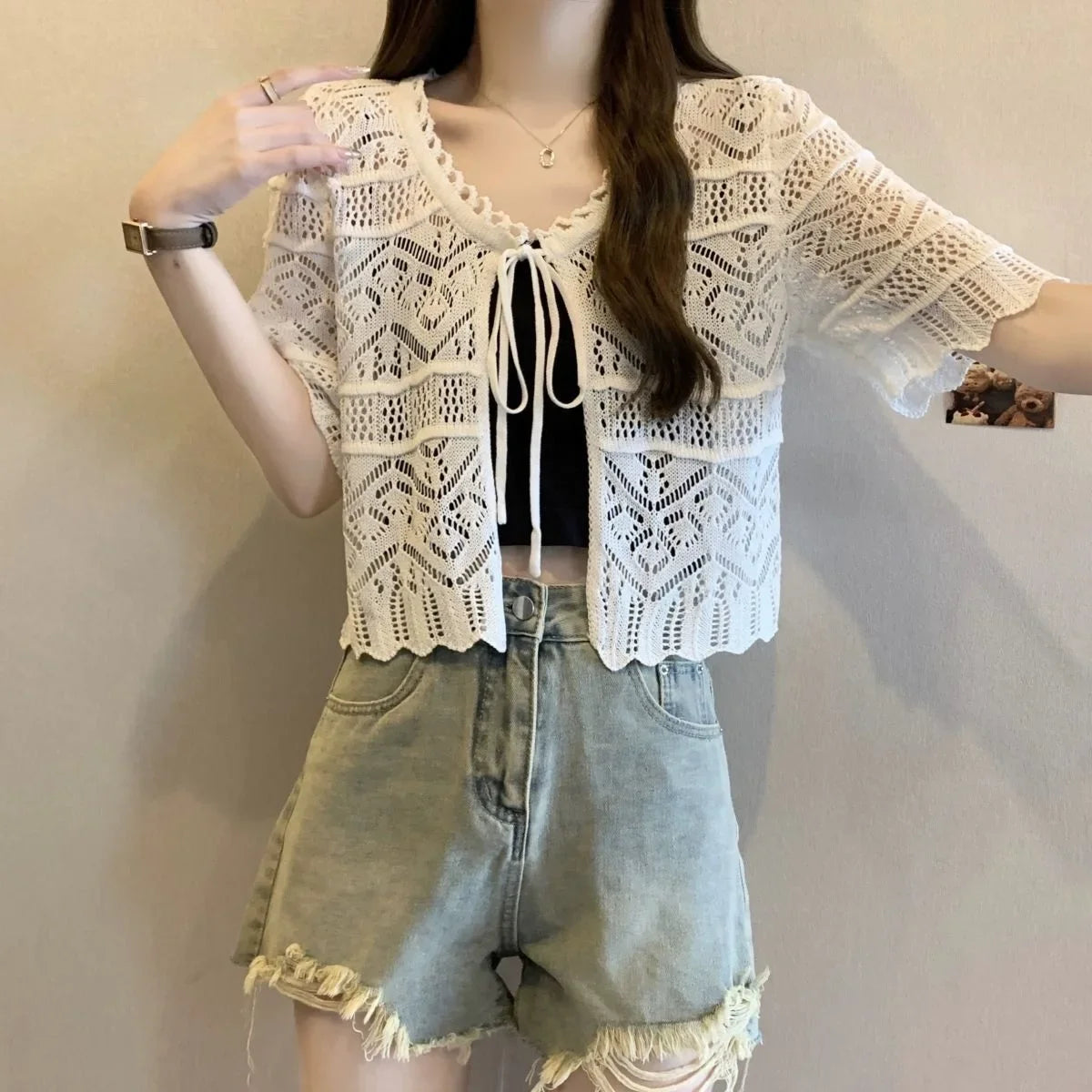 Sun Protection Hollow out Knitted Short Cardigan Women Summer Thin Holiday Style Strap Outerwear Shirt Short Shawl Jacket