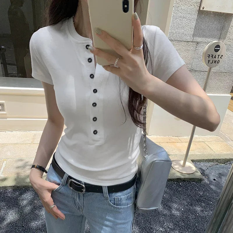 Soft Skin-Friendly Half-Unbuttoned Short-Sleeve T-Shirt Women Summer Sexy Slimming Unique Super Beautiful Top for Women