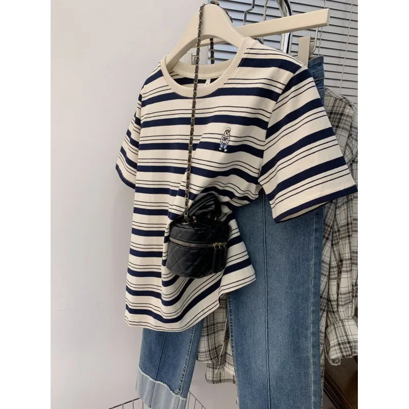 Korean Style Hiphop Color Block Stripe Short Sleeve T-Shirt Women Summer New Loose Slimming Casual Versatile Top