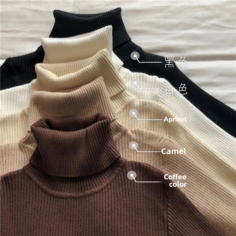 Women's High Collar Long Sleeve Knitted Sweater Slim Fit Solid Color Tight Inner Shirt Autumn Winter New Arrival Polo Collar