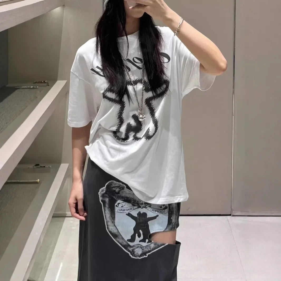 2025 American High Street Style Women's Short Sleeve T-Shirt Summer Harajuku Design Unique Shoulder Length Crew Neck Top