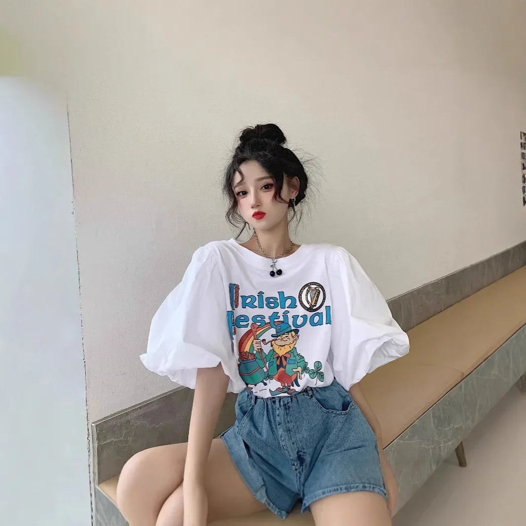 White Short Sleeve T-Shirt Women's Design Sensation Summer New Print Anti-Aging Lantern Bubble Sleeve Top Polyester Fiber Crew N
