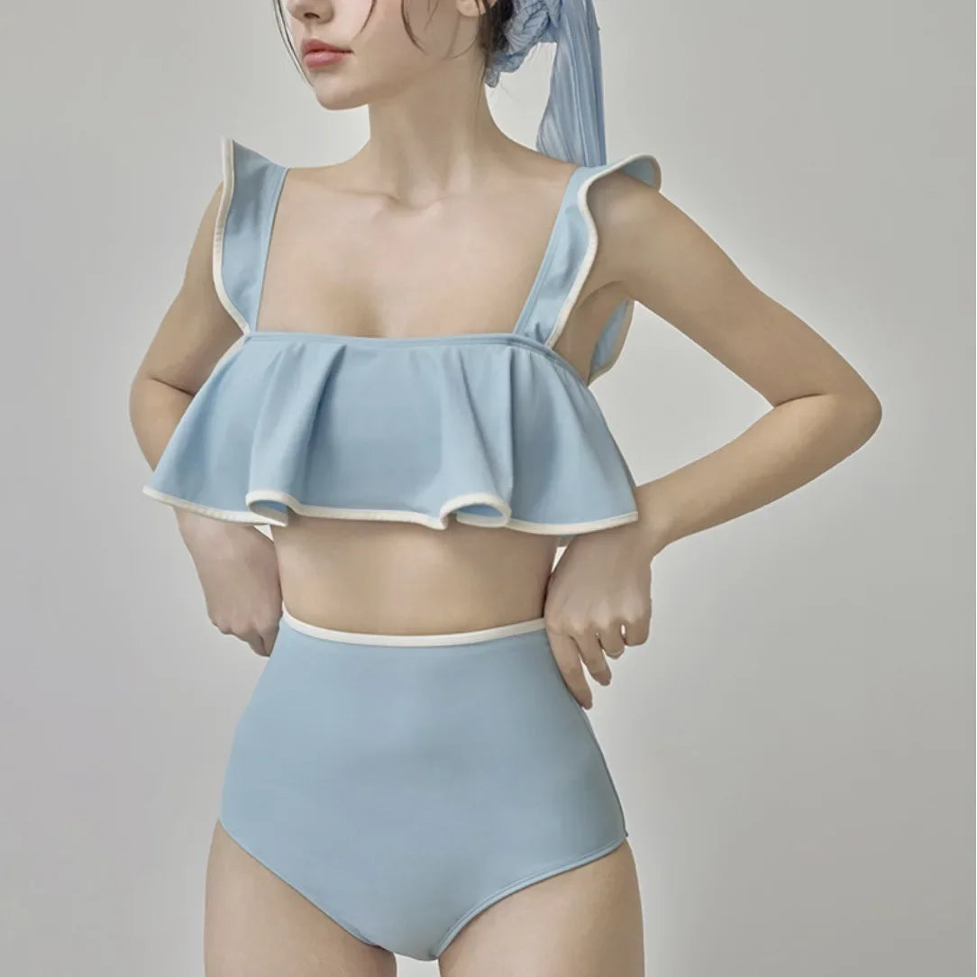 Blue Conservative Strapless Bikini Set Women's Swimsuit Small Chest High Waist Ideal for Hot Springs New 2025 Model