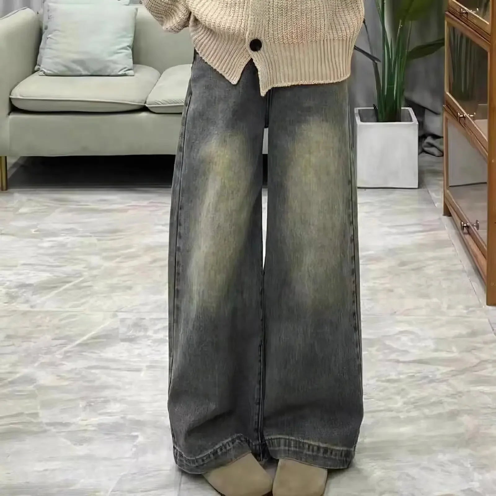 American Style Vintage Faded Straight Leg Jeans High Waist Loose Wide Leg Floor Length Trousers for Women Trendy Autumn Small Si