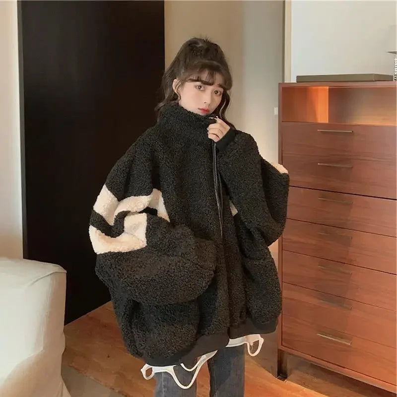 Women's Faux Lamb Velvet Jacket Thickened Fluffy Hooded Mid-Length Coat Korean Style Winter Warm Casual Sweatshirt Top