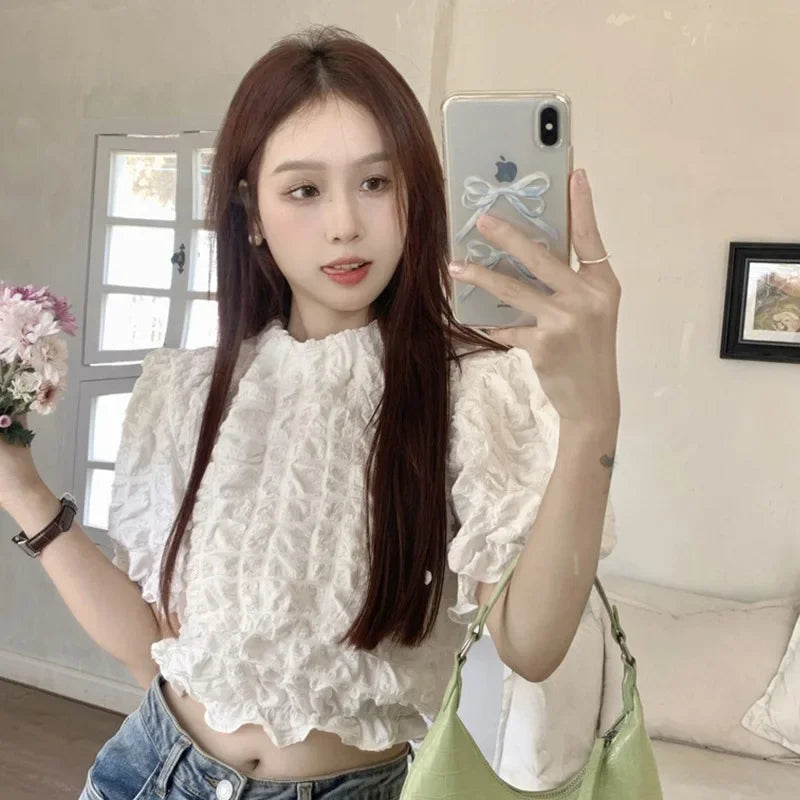 Summer Crinkled Design Sensibility Women's French Puff Sleeve Shirt Slims You And Smooths Your Silhouette Cropped Top 2023 Women