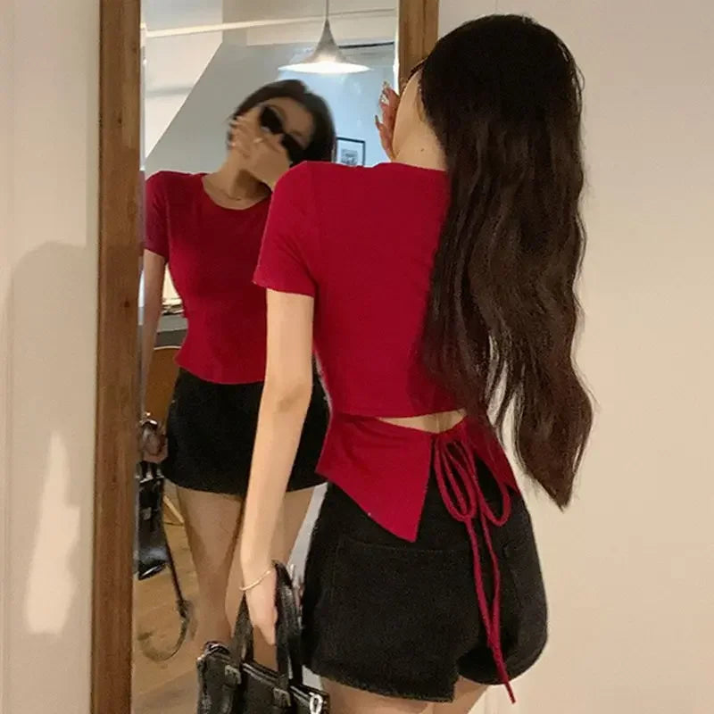 Sweet And Spicy Short Sleeve T-Shirt Women's Summer Slimming Design Sense Asymmetrical Belted Crop Top Polyester Fiber Crew Neck