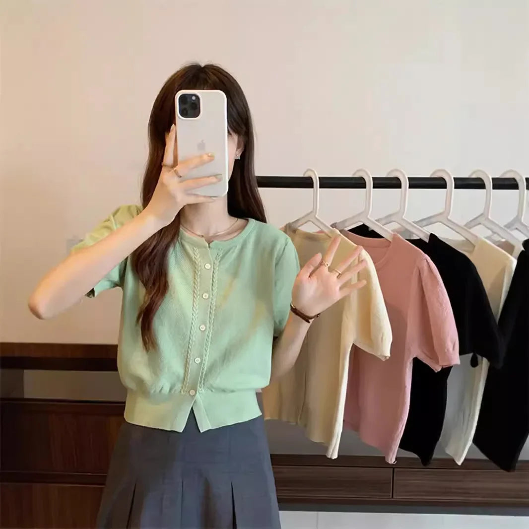 2024 New Summer Knitted Cardigan Top Short Sleeves Cropped Jacket Women's Fashion Outerwear Dress Coat Thin Style China Made